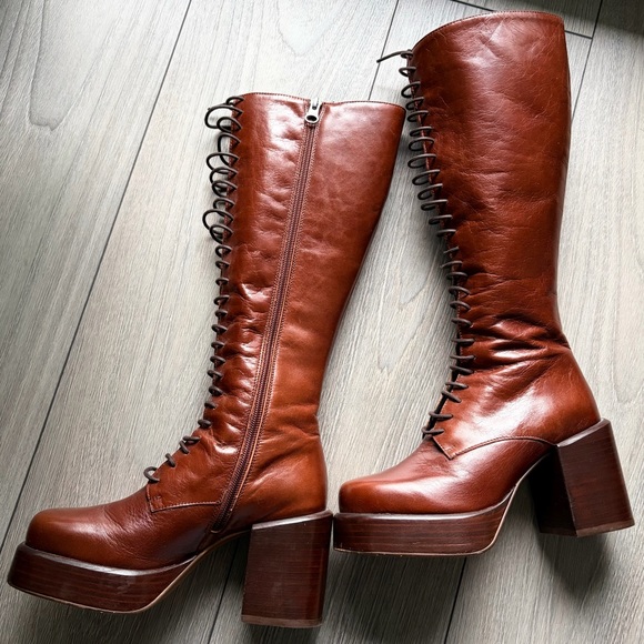 Knee High Platform Leather Lace up Boots - Picture 2 of 8